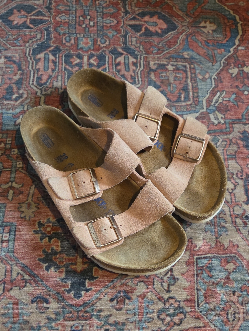 Birkenstock Arizona Suede Triple Strap Sandals in Light Pink/Tan